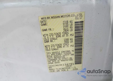 2017 Nissan Murano Platinum из США, поврежденный, VIN 5N1AZ2MG2HN134791